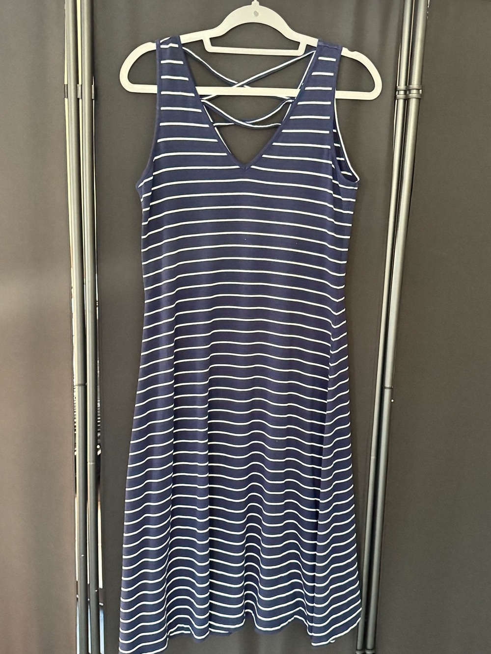 August Silk Navy and White Striped Midi Dress with Crisscross Back